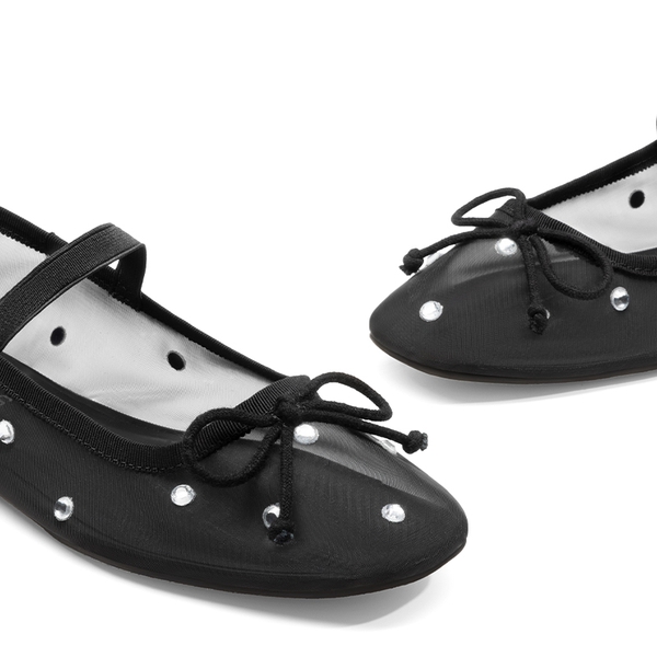 Sheer Mesh Rhinestones Ballet Flats - BLACK - 4